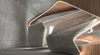 Innenansicht eines modernen Gebäudes mit geschwungenen, glatten Sichtbetonflächen und integrierten Holzelementen. Die Architektur ist futuristisch, mit fließenden Linien und indirekter Beleuchtung, die die Betonoberflächen betont.

                                    